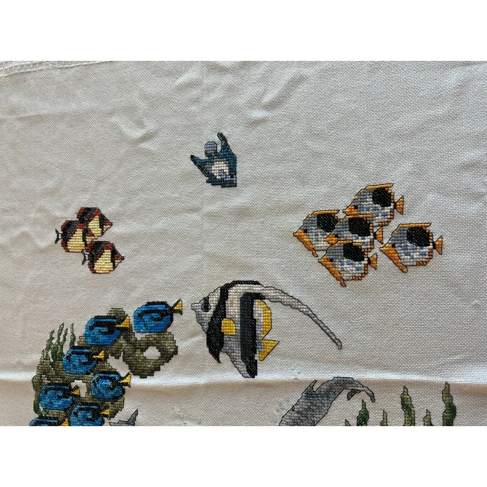 Vintage Embroidered Fish & Ocean‎ Scene Fringe Tablecloth 56'' x 62